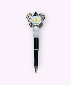 Luxe Vliner pen met bloemdecoratie, versierd met glinsterende details en parels, perfect als stijlvolle en elegante schrijfwaren of cadeau