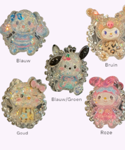 Vijf siliconen figuurkralen: een popfiguurtjes, een panda, een olifant en een kat – kleurrijk en schattig DIY-materiaal voor sleutelhangers of sieraden