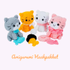 Amigurumi haakpakket met vier gehaakte katjes in verschillende kleuren – compleet DIY haakset met accessoires