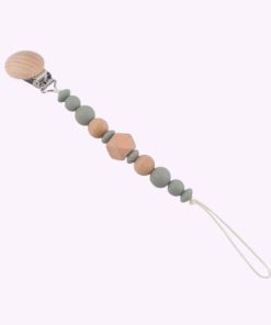 Speenkoord van siliconen en hout in saliegroen tinten – babyveilig accessoire met houten clip en kralen