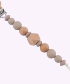 Speenkoord van siliconen en hout in taupe tinten – babyveilig accessoire met houten clip en kralen