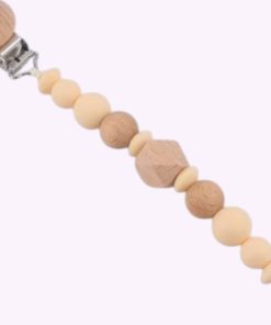 Speenkoord van siliconen en hout in beige tinten – babyveilig accessoire met houten clip en kralen