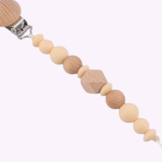 Speenkoord van siliconen en hout in beige tinten – babyveilig accessoire met houten clip en kralen