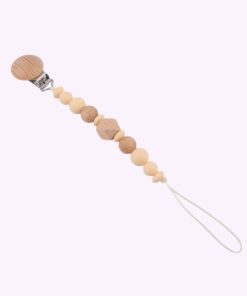 Speenkoord van siliconen en hout in beige tinten – babyveilig accessoire met houten clip en kralen
