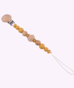 Speenkoord van siliconen en hout in mosterdgele tinten – babyveilig accessoire met houten clip en kralen