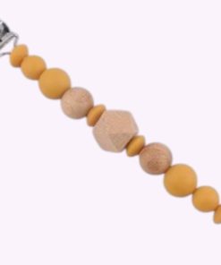Speenkoord van siliconen en hout in mosterdgroen tinten – babyveilig accessoire met houten clip en kralen