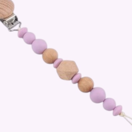 Speenkoord van siliconen en hout in lila tinten – babyveilig accessoire met houten clip en kralen