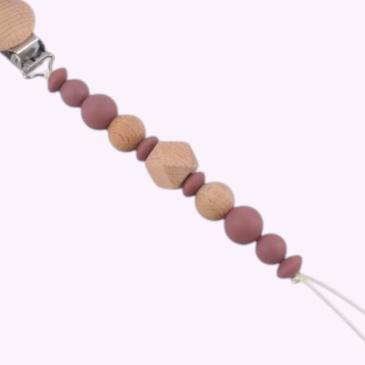 Speenkoord van siliconen en hout in mauve tinten – babyveilig accessoire met houten clip en kralen