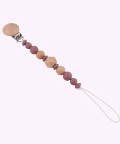 Speenkoord van siliconen en hout in mauve tinten – babyveilig accessoire met houten clip en kralen