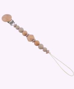 Speenkoord van siliconen en hout in taupe tinten – babyveilig accessoire met houten clip en kralen